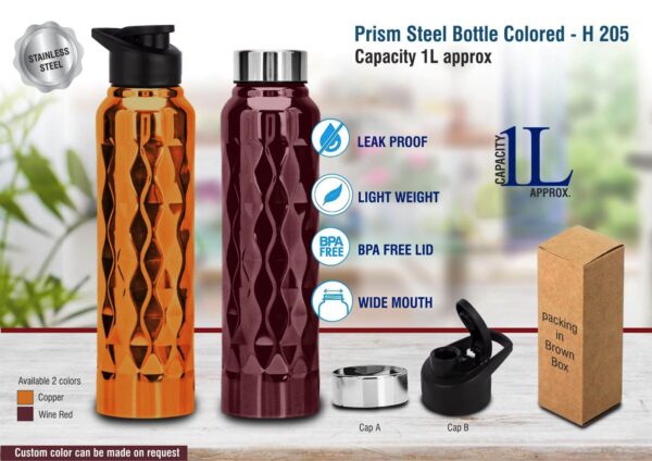 H205 - Prism steel single wall bottle Colored | Capacity 1L approx