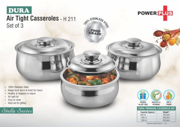 H211 - Dura Premium Stainless steel Air tight Casserole Set of 3 | Capacity: 650ml, 1L and 1.5L Approx