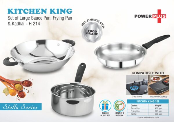 H214 - Kitchen King: Set of Large Sauce Pan, Frying Pan and Kadhai in Gift box | Made of Stainless Steel