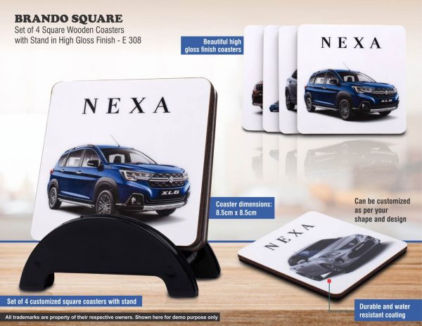 E308 - Brando Square: Set of 4 Square Wooden coasters with Stand in High Gloss Finish | MOQ 100 pcs