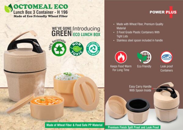 H196 - Octomeal Eco: 3 Plastic container lunch box with spoon | Made from Eco friendly material | 100% recyclable