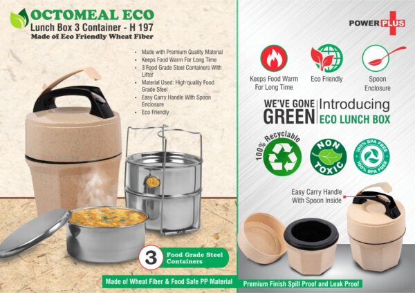 H197 - Octomeal Eco: 3 Steel container lunch box with spoon | Made from Eco friendly material | 100% recyclable