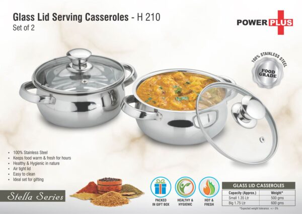 H210 - Glass lid Stainless Steel Serving Casseroles | Set of 2