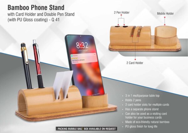 Q41 - Bamboo phone stand with card holder and double pen stand (with PU Gloss coating)