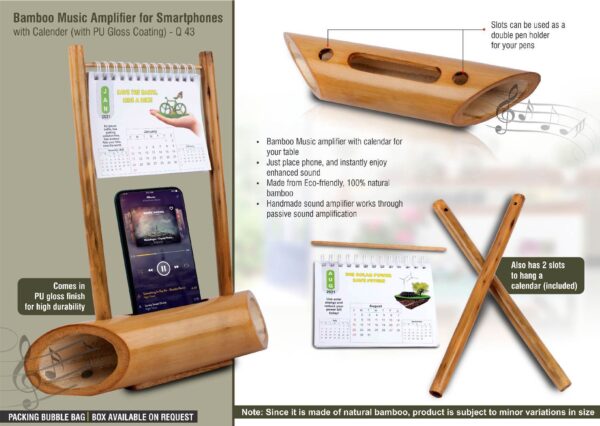 Q43 - Bamboo Music Amplifier for Smartphones with Calender (with PU Gloss coating)