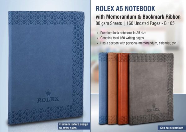 B105 - Rolex A5 notebook with memorandum & Bookmark ribbon| 80 gsm sheets | 160 undated pages