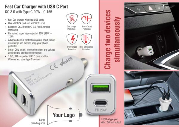 C155 - Fast car charger with USB C port | QC 3.0 withType C 20W