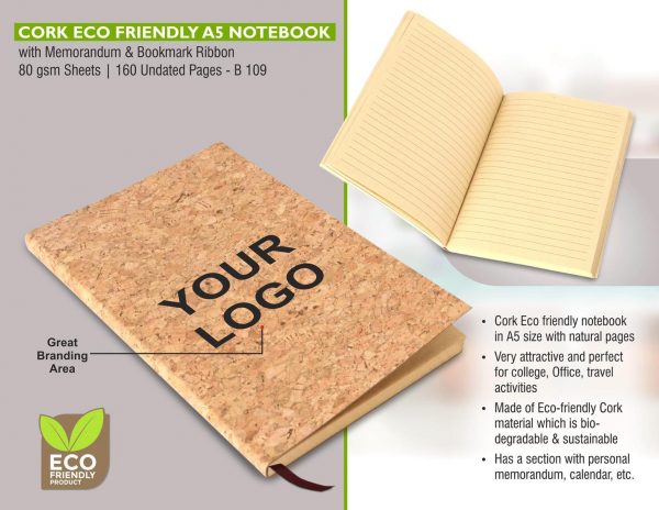 B109 - Cork Eco friendly A5 notebook with memorandum & Bookmark ribbon| 80 gsm sheets | 160 undated pages