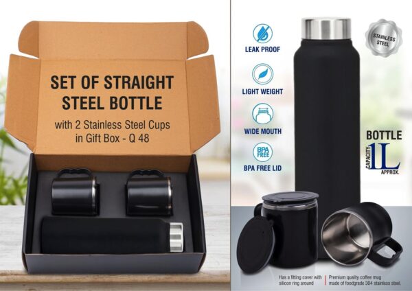 Q48 - Set of Black Stainless Steel Bottle with 2 Stainless steel cups in Gift box | Bottle capacity 1L approx