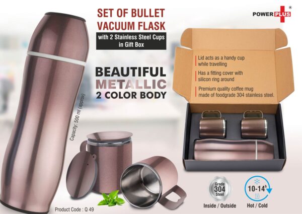 Q49 - Set of Brown Bullet Vacuum Flask with 2 Stainless steel cups in Gift box | Metallic finish cups