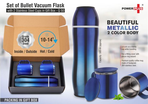 Q50 - Set of Blue Bullet Vacuum Flask with 2 Stainless steel cups in Gift box | Metallic finish cups