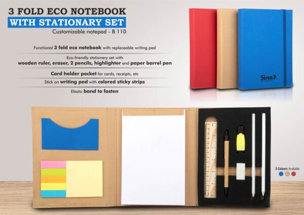 B110 - 3 fold Eco Notebook with stationary set | Customizable notepad