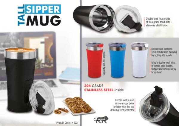 H223 - Tall Sipper mug | 304 grade Stainless steel inside | Capacity 400ml approx