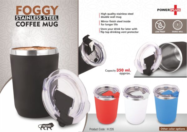 H226 - Foggy: Stainless Steel coffee mug | Premium clear cap with flip top lid | Leakproof | Capacity 350ml approx