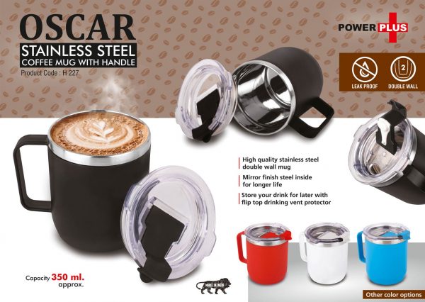 H227 - Oscar: Stainless Steel coffee mug with handle | Premium clear cap with flip top lid | Leakproof | Capacity 350ml approx