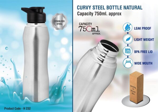 H232 - Curvy steel bottle Natural | Capacity 750ml approx