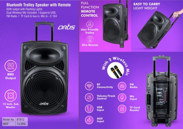 C164 - Artis Bluetooth Trolley Speaker with Remote | 60W output | Dual Wireless Mics included | Supports USB, FM Radio, TF card, Aux in, Mic In (BT912) (MRP 13,999)