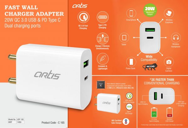 C165 - Artis Fast wall charger adapter | 20W QC 3.0 USB & PD Type C | Dual charging ports (UPD100) (MRP 1499)