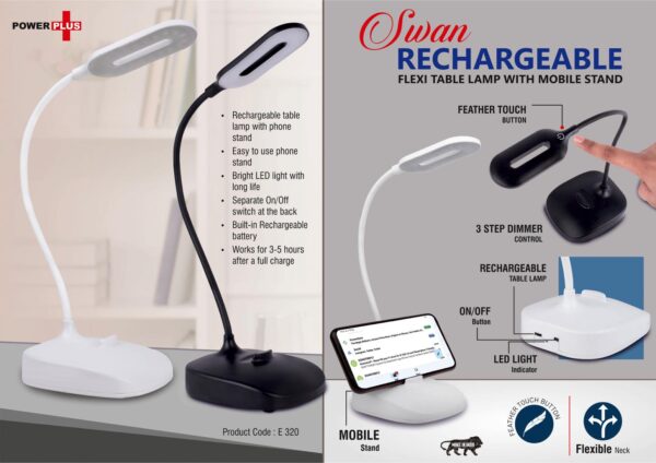 E320 - Rechargeable Flexi table lamp with Mobile stand | 3 step dimmer control | Feather Touch button