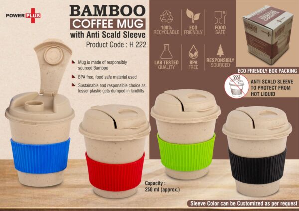 H222 - Bamboo Coffee mug: Eco friendly mug with flip top Lid and Anti-Scald sleeve | Capacity 250 ml