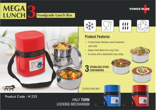 H225 - Power Plus Mega Steel Lunch Box- 3 Stainless steel containers with lifter