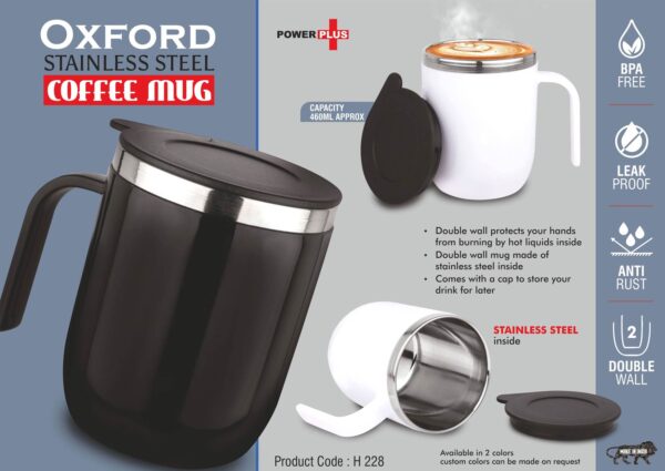 H228 - Oxford: Stainless Steel Double wall Coffee mug with Round handle | Leakproof | Capacity 460ml approx