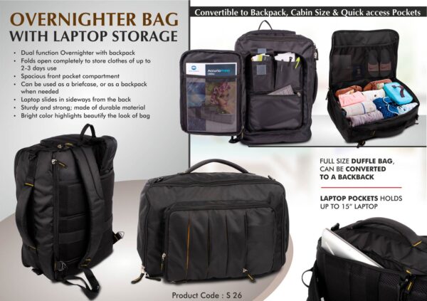 S26 - Overnighter bag with Laptop storage | Convertible to Backpack | Cabin size | Quick access pockets