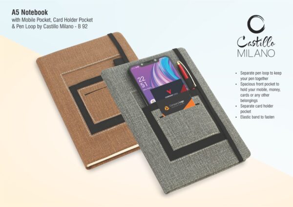 B92b - A5 notebook with mobile pocket, card holder pocket & pen loop by Castillo Milano | Made in India