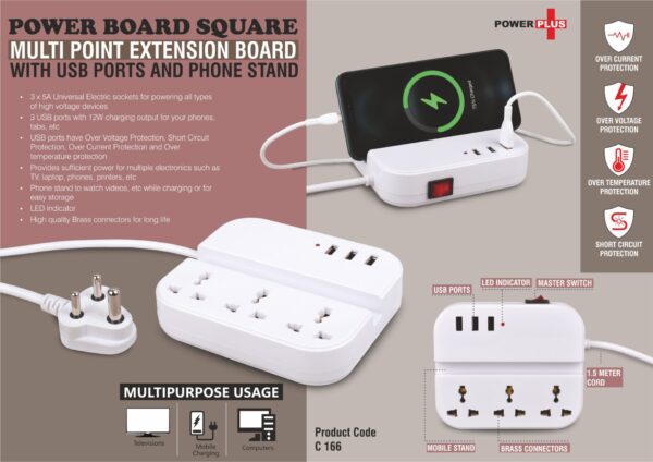 C166 - Power Board Square: Multi point extension board with USB ports and phone stand