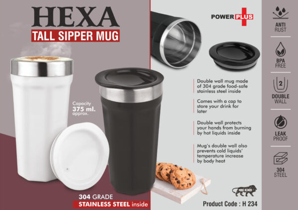 H234 - Hexa : Tall sipper mug | 304 grade Stainless steel inside | Capacity 375ml approx