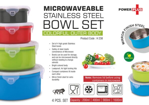 H238 - 4 pc Microwaveable Stainless Steel Bowl set | Colorful outer body | Capacity: 200, 400, 900 and 1600 ml