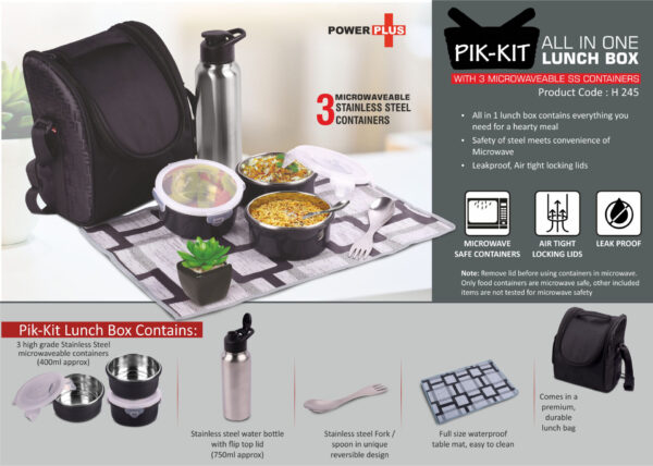 H245 - PIK-KIT: All in 1 Lunch box with 3 Microwaveable Steel containers | Contains SS bottle, Fork, Spoon, Tablemat, Premium Bag