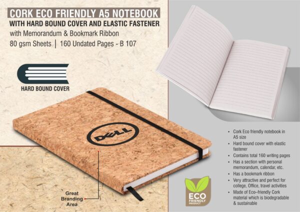 B107 - Cork Eco friendly A5 notebook with Hard bound cover and Elastic fastener | With memorandum & Bookmark ribbon | 80 gsm sheets | 160 undated pages