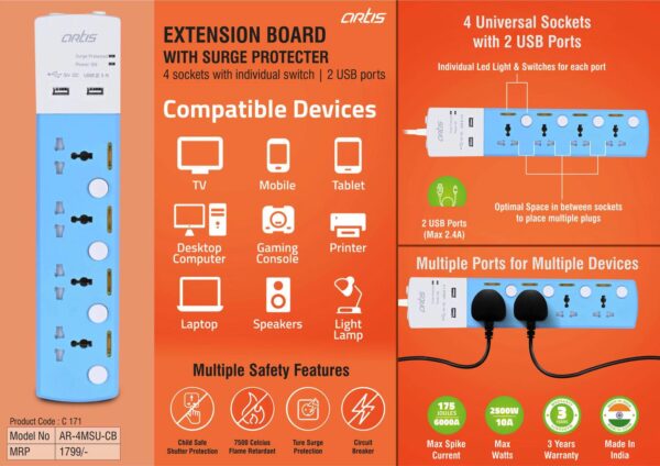 C171 - Artis Extension board with surge protecter | 4 sockets with individual switch | 2 USB ports (AR-4MSU-CB) (MRP 1799)