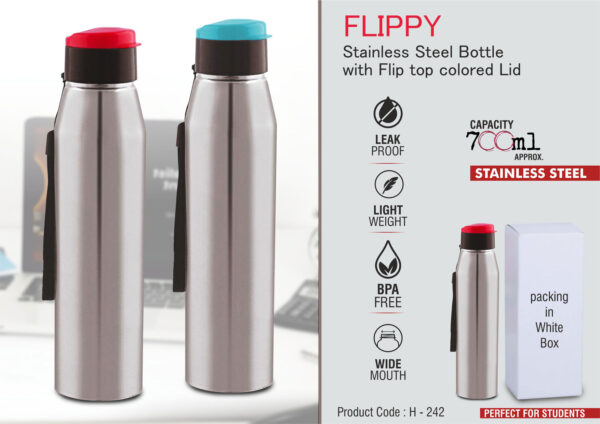 H242 - Flippy Stainless steel bottle with flip top colored lid | Capacity 700ml approx