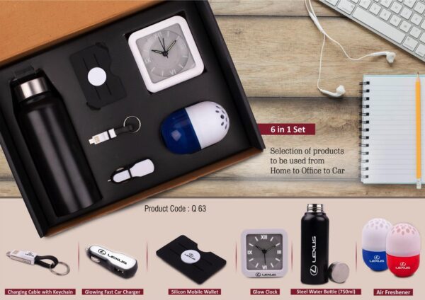 Q63 - 6 in 1 set: Steel Water bottle (750ml), Silicon mobile wallet, Charging cable with keychain, Glowing Fast Car charger, Glow Clock, Air freshener