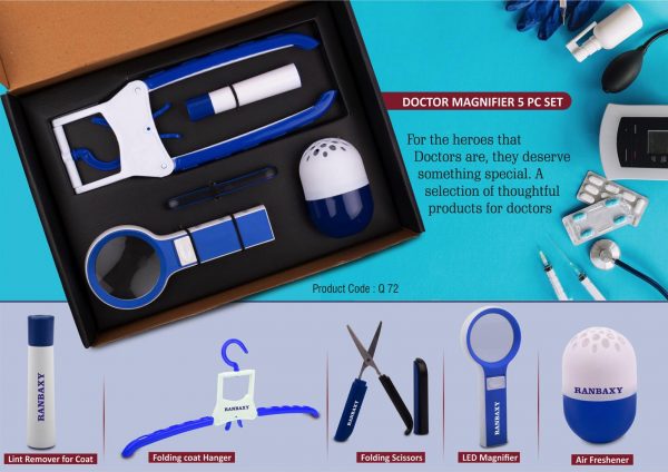 Q72 - Doctor Magnifier set: Folding Coat hanger, Lint remover, Folding scissors, LED Magnifier, Capsule shape Air freshener | 5 pc set