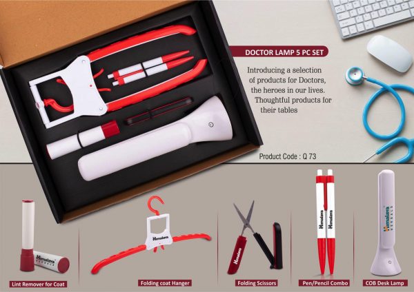 Q73 - Doctor Lamp set: Folding Coat hanger, Lint remover, Folding scissors, Pen/Pencil combo, COB Desk lamp | 5 pc set