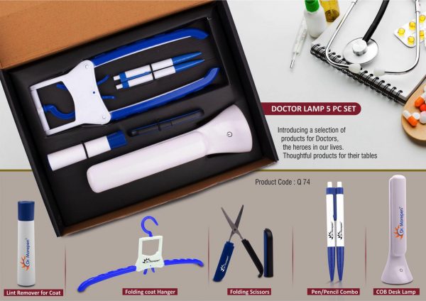 Q74 - Doctor Lamp set: Folding Coat hanger, Lint remover, Folding scissors, Pen/Pencil combo, COB Desk lamp | 5 pc set