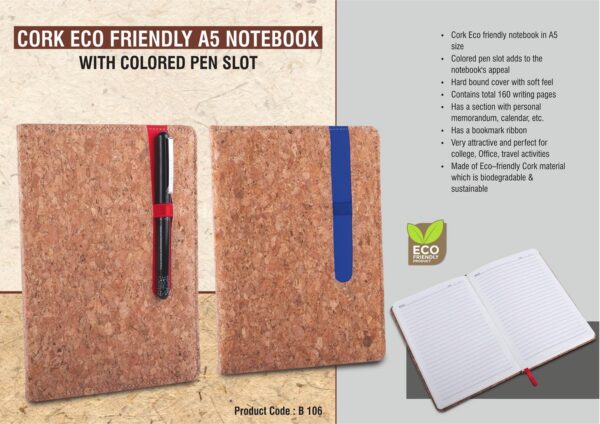 B106 - Cork Eco friendly A5 notebook with Colored pen slot | Hard bound cover | With memorandum & Bookmark ribbon| 80 gsm sheets | 160 undated pages