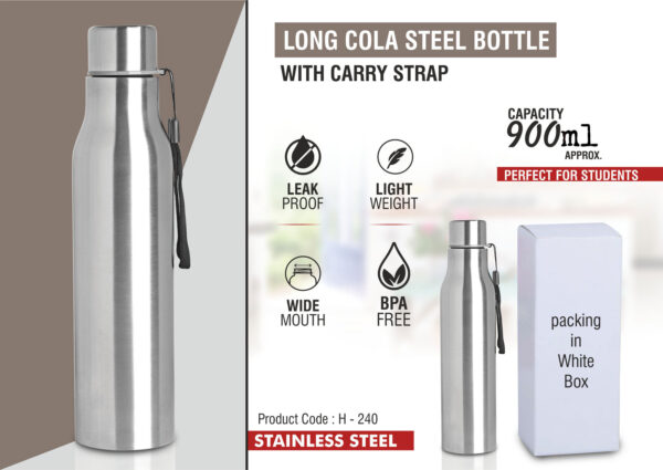 H240 - Long cola stainless steel bottle with carry strap | Capacity 900ml approx