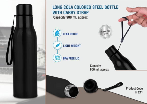 H241 - Long Cola Colored Stainless steel bottle with carry strap | Capacity 900ml approx