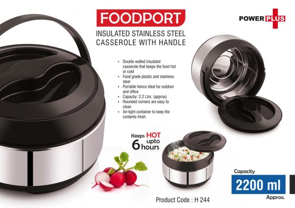 H244 - Foodport: Insulated Stainless Steel casserole with handle | Keeps hot for upto 6 hours | Capacity 2200ml approx