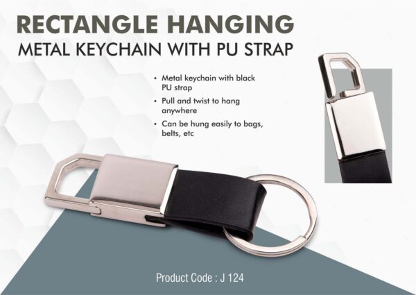 J124 - Rectangle hanging metal keychain with PU strap