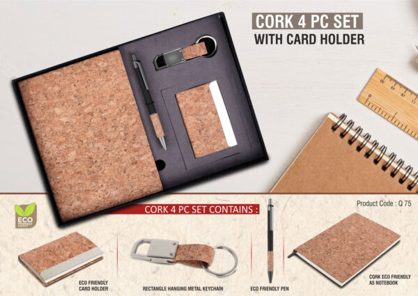 Q75 - Cork 4 pc set: Cork notebook with Visiting Card holder, pen and keychain