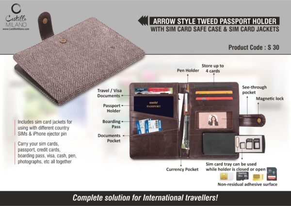 S30 - Arrow style Tweed Passport holder with Sim Card Safe Case & Sim Card Jackets