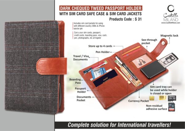 S31 - Dark Chequed Tweed Passport holder with Sim Card Safe Case & Sim Card Jackets