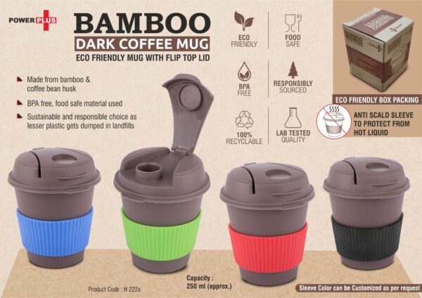 H222a - Bamboo Dark Coffee mug: Eco friendly mug with flip top Lid and Anti-Scald sleeve | Capacity 250 ml