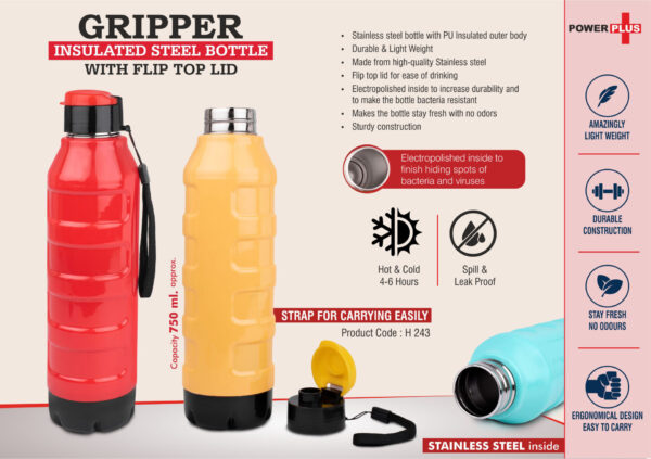 H243 - Gripper: Insulated Steel Bottle with Flip top lid | Keeps Hot & Cold for 4-6 Hours | Strap for Carrying easily | Capacity 750 ml approx