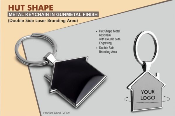 J126 - Hut shape metal keychain in Black finish (Double side laser)